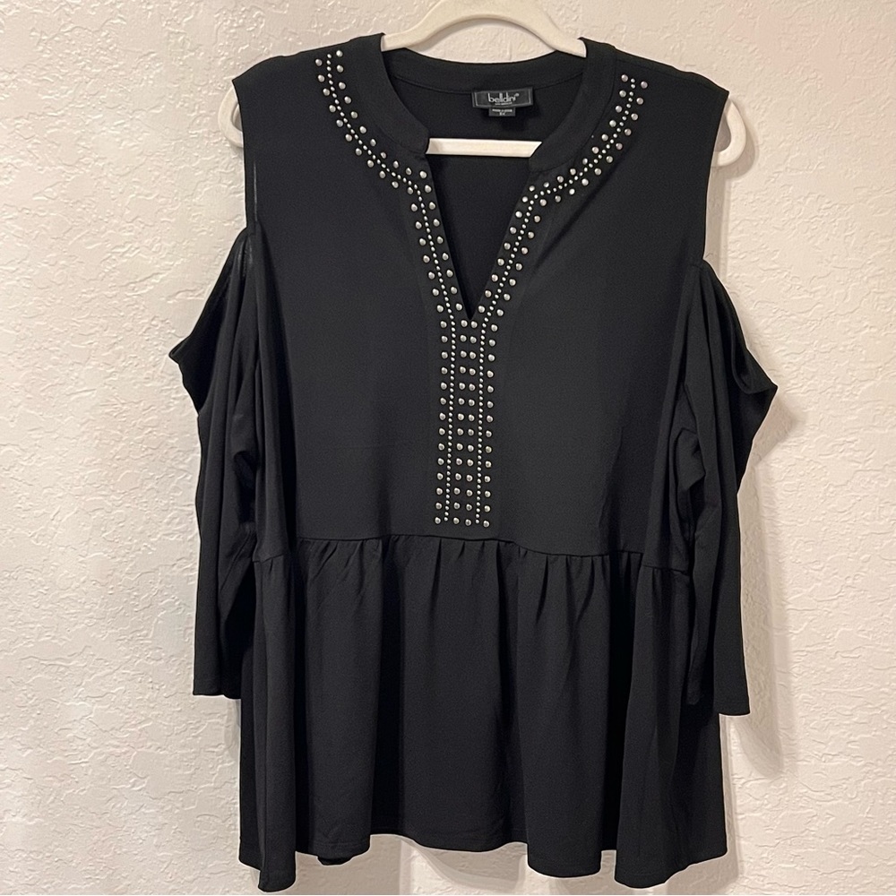 Belldini | Black Studded Cold Shoulder Blouse 2X